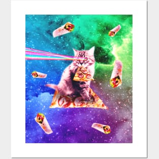 Space Cat Eating Pizza - Rainbow Laser Eyes, Burrito Posters and Art